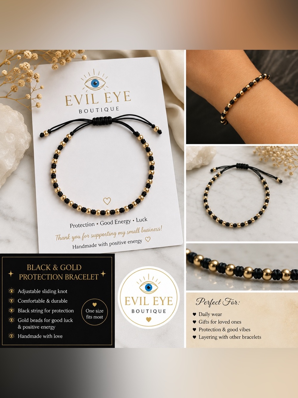 Black & Gold Beaded Protection Bracelet